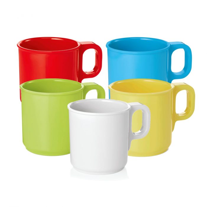 Set melamin šalica 250 ml u 5 boja – 12 kom, nelomljive i složive